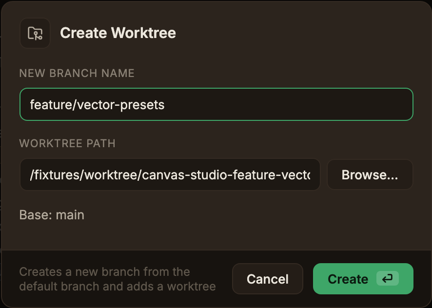 The Create Worktree dialog, showing the New branch name field, the auto-filled Worktree path field with a Browse… button, and the Base display below it