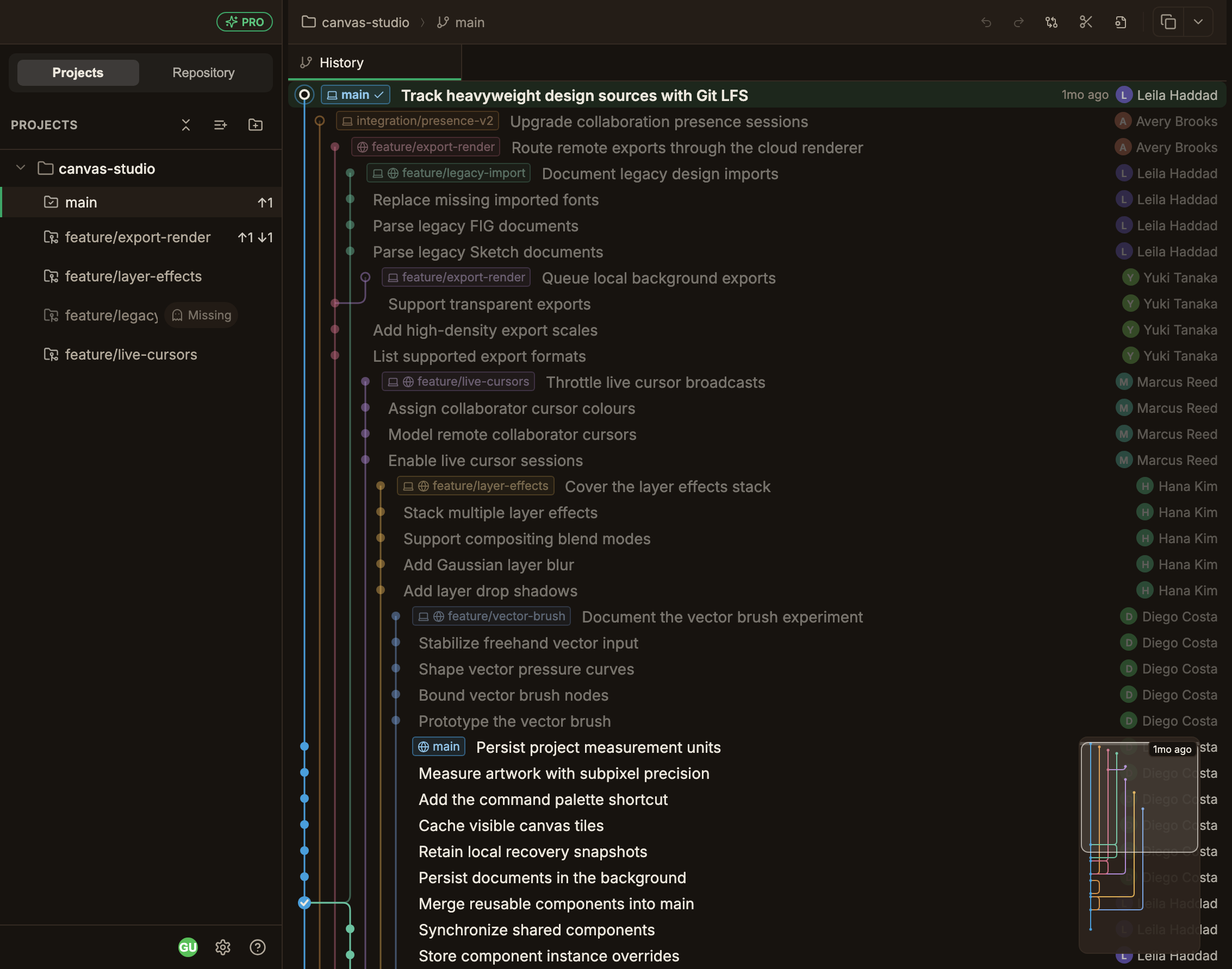 Five worktrees of one repository listed in the Projects tab of the left sidebar; the top one, the main worktree, has a folder-check icon while the rest, the linked worktrees, have a Git folder icon, each row shows the name of its checked-out branch, and rows with an ahead or behind count show the number on the right