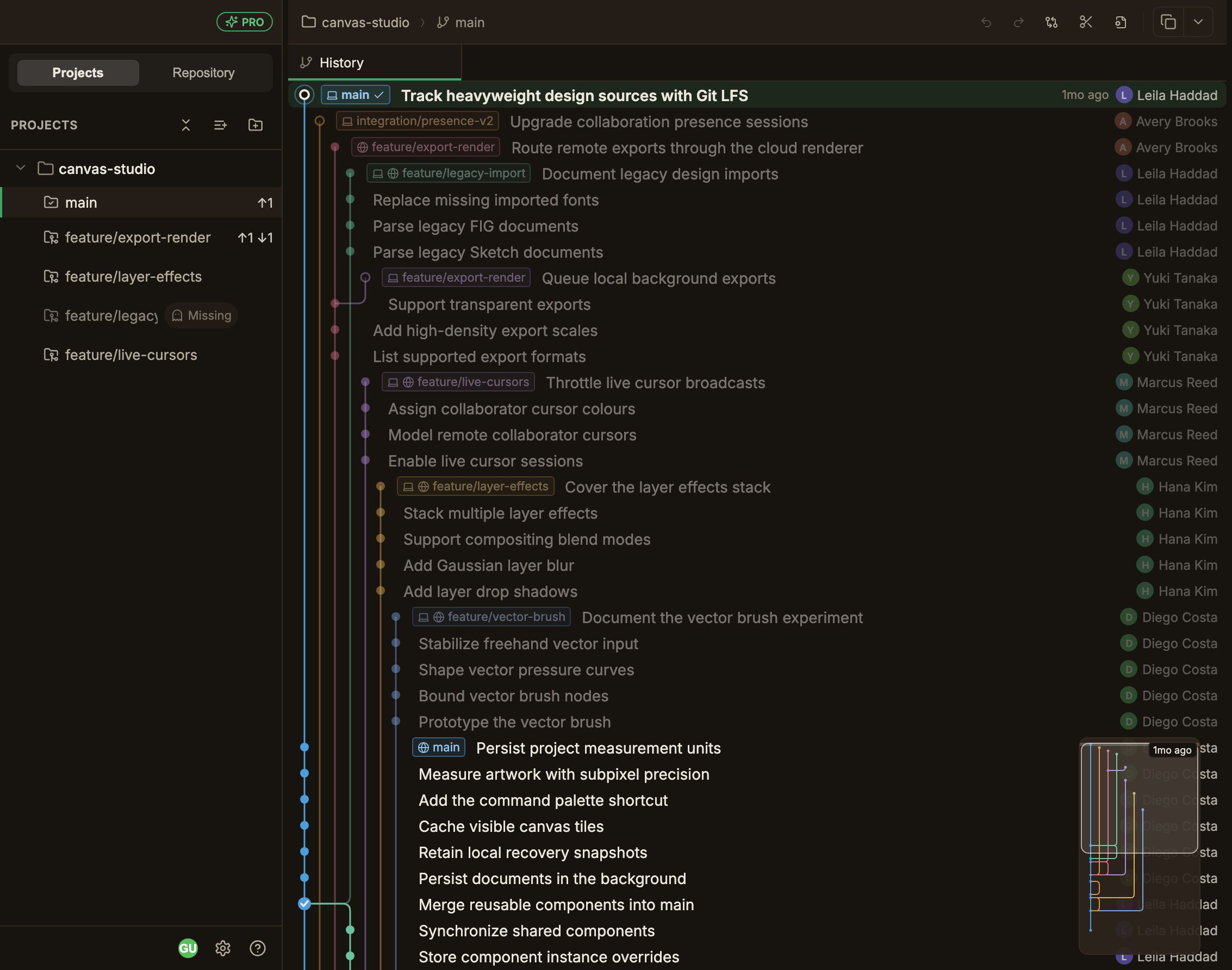 Five worktrees of one repository listed in the Projects tab of the left sidebar; the top one, the main worktree, has a folder-check icon while the rest, the linked worktrees, have a Git folder icon, each row shows the name of its checked-out branch, and rows with an ahead or behind count show the number on the right