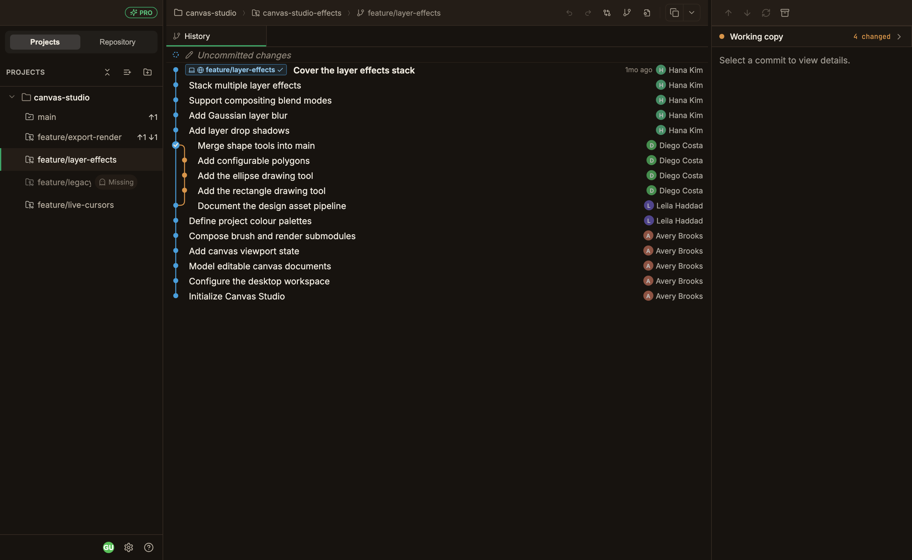 The screen right after switching to another worktree, with only the History tab left in the tab bar and the newly selected worktree row highlighted in the sidebar