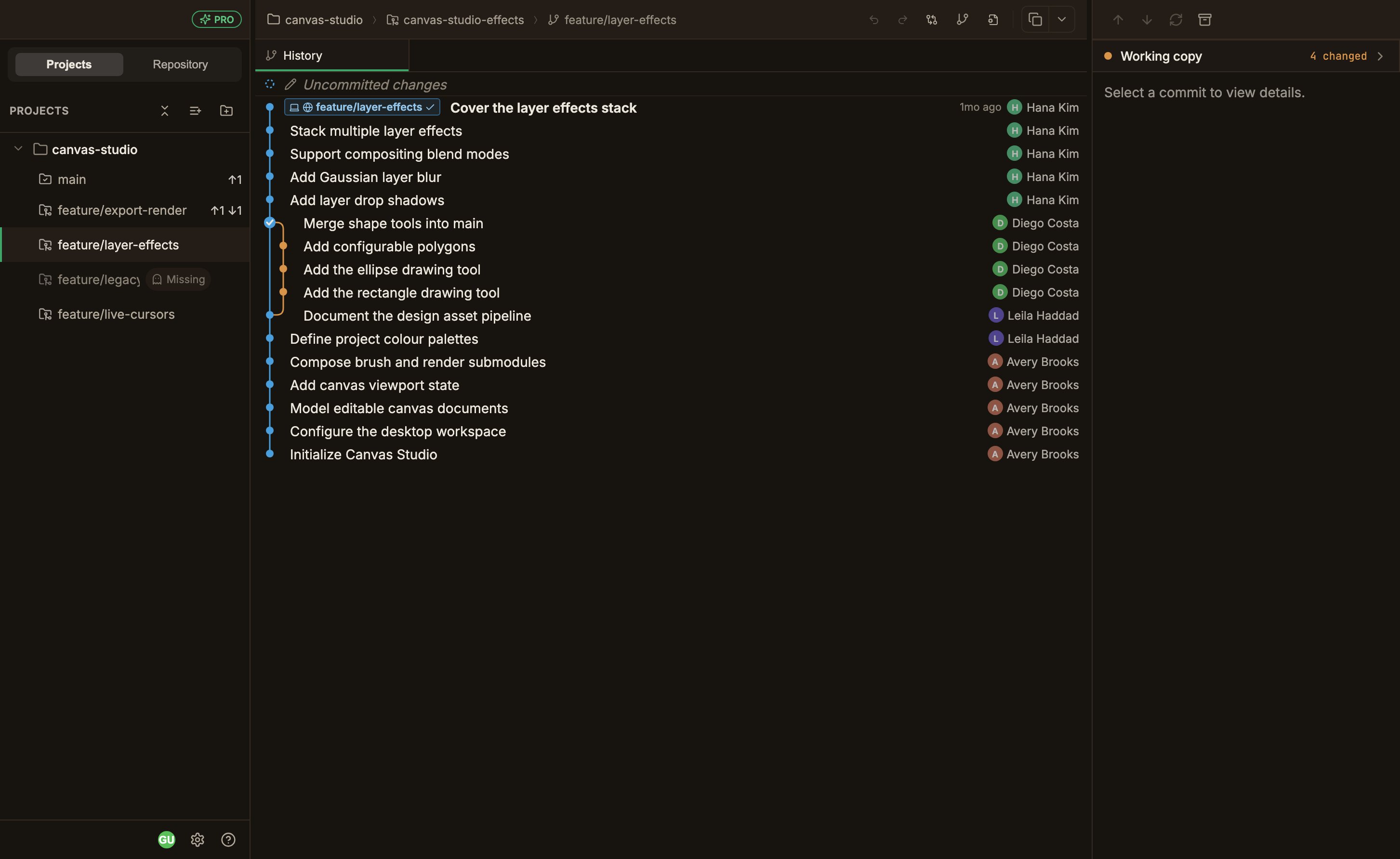 The screen right after switching to another worktree, with only the History tab left in the tab bar and the newly selected worktree row highlighted in the sidebar