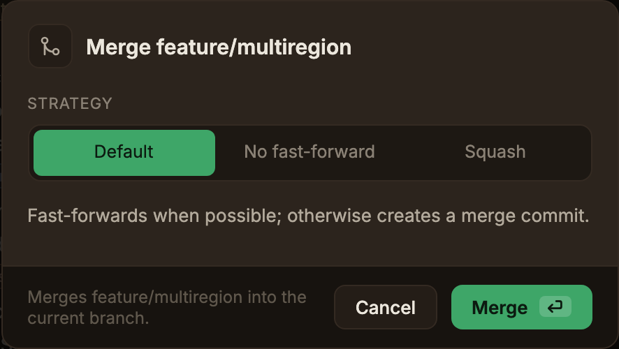 Merge feature/multiregion 다이얼로그. STRATEGY 아래 Default, No fast-forward, Squash 중 Default가 선택돼 있고 그 아래에 'Fast-forwards when possible; otherwise creates a merge commit.' 설명이 놓이며, 푸터에는 'Merges feature/multiregion into the current branch.' 문구가 Cancel 버튼과 초록 Merge 버튼 옆에 적혀 있다