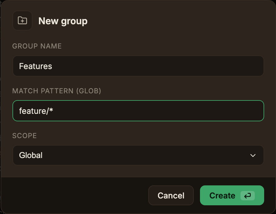 The New group dialog, with Features in GROUP NAME, feature/* in MATCH PATTERN (GLOB), Global selected in the SCOPE dropdown, and the Cancel and green Create buttons at the bottom