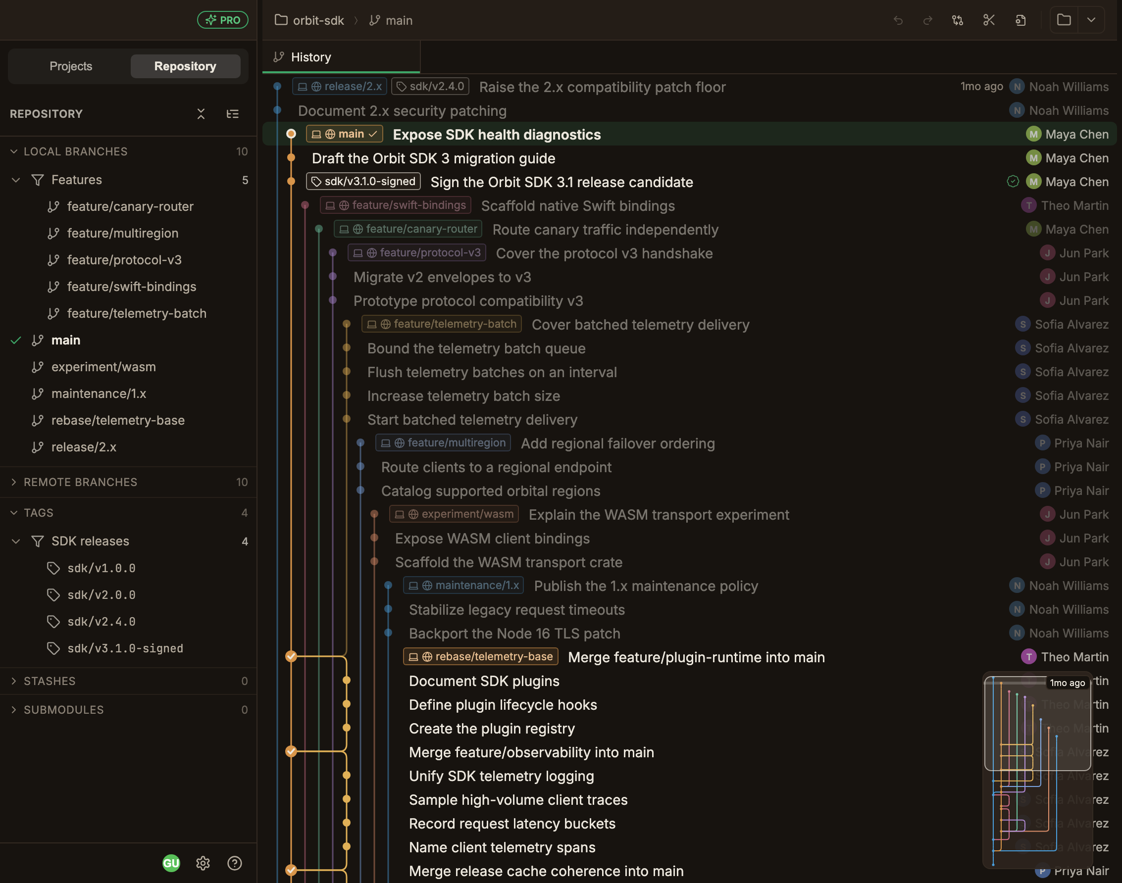 The Repository panel with a Features group holding 5 branches under LOCAL BRANCHES, listing feature/canary-router, feature/multiregion, feature/protocol-v3, feature/swift-bindings, and feature/telemetry-batch, while the ungrouped main, experiment/wasm, maintenance/1.x, rebase/telemetry-base, and release/2.x stay below it, and a SDK releases group under TAGS holds sdk/v1.0.0, sdk/v2.0.0, sdk/v2.4.0, and sdk/v3.1.0-signed
