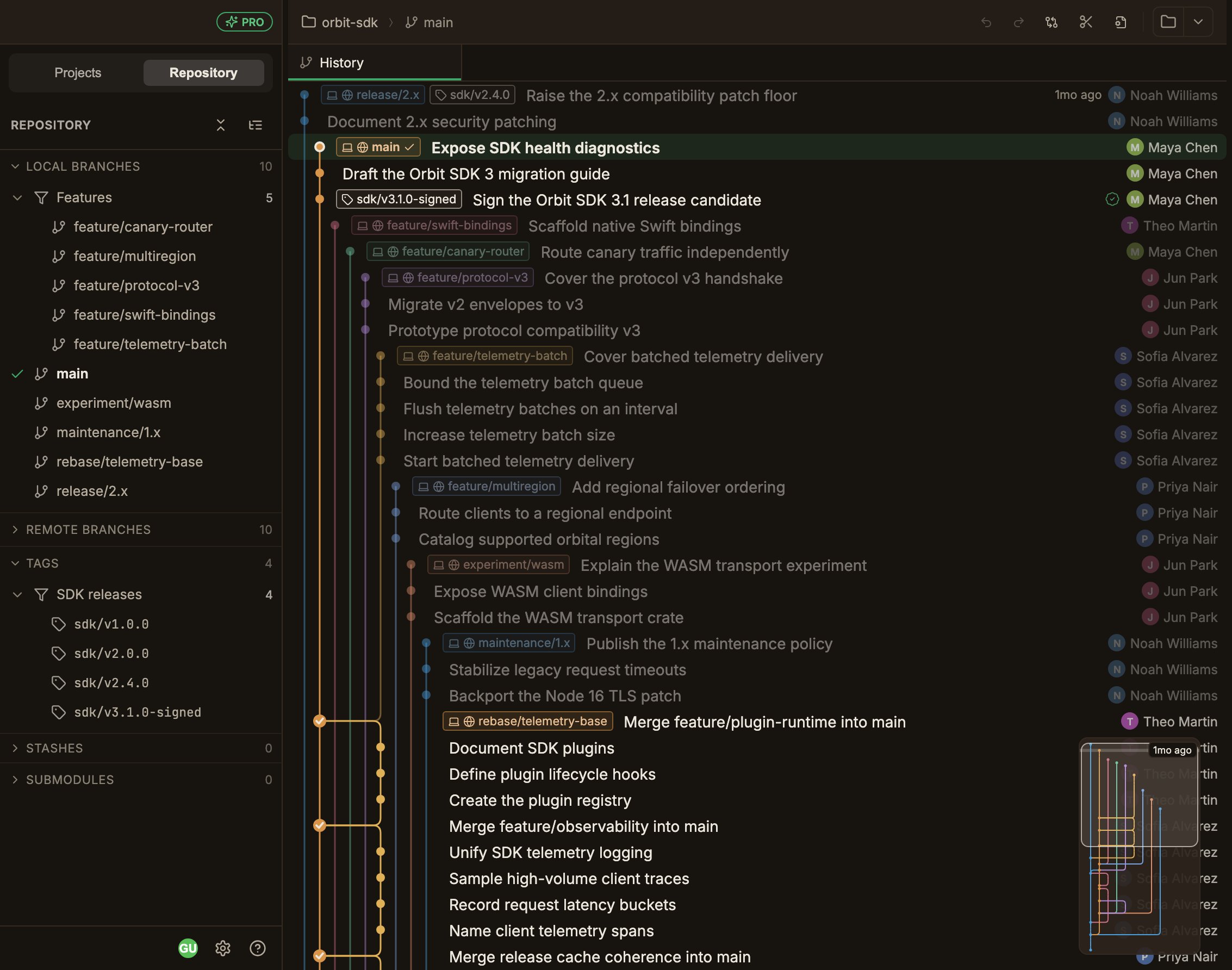 The Repository panel with a Features group holding 5 branches under LOCAL BRANCHES, listing feature/canary-router, feature/multiregion, feature/protocol-v3, feature/swift-bindings, and feature/telemetry-batch, while the ungrouped main, experiment/wasm, maintenance/1.x, rebase/telemetry-base, and release/2.x stay below it, and a SDK releases group under TAGS holds sdk/v1.0.0, sdk/v2.0.0, sdk/v2.4.0, and sdk/v3.1.0-signed