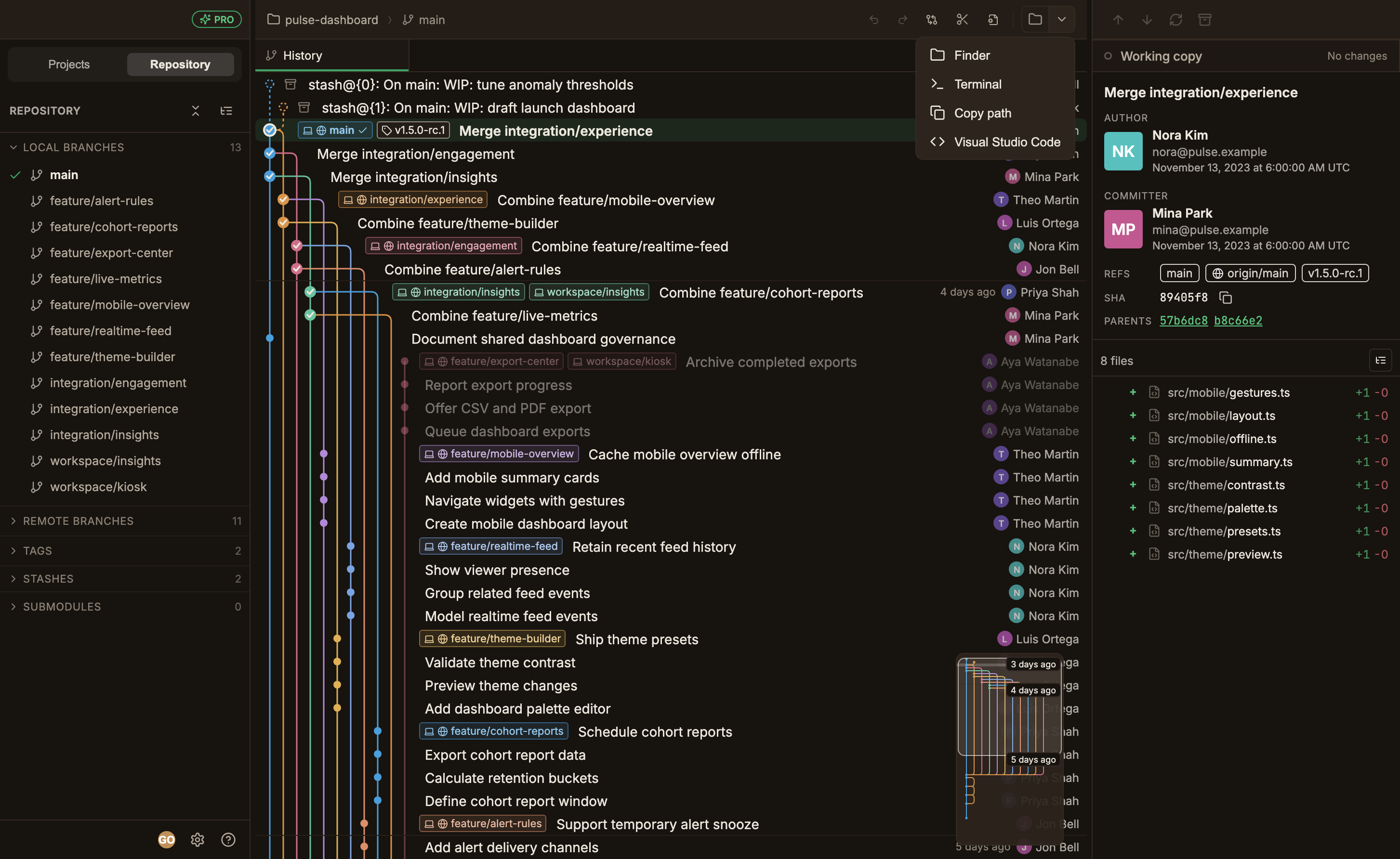 The Open in… menu open from the split button at the right end of the top bar, listing Finder, Terminal, Copy path, and a registered Visual Studio Code entry