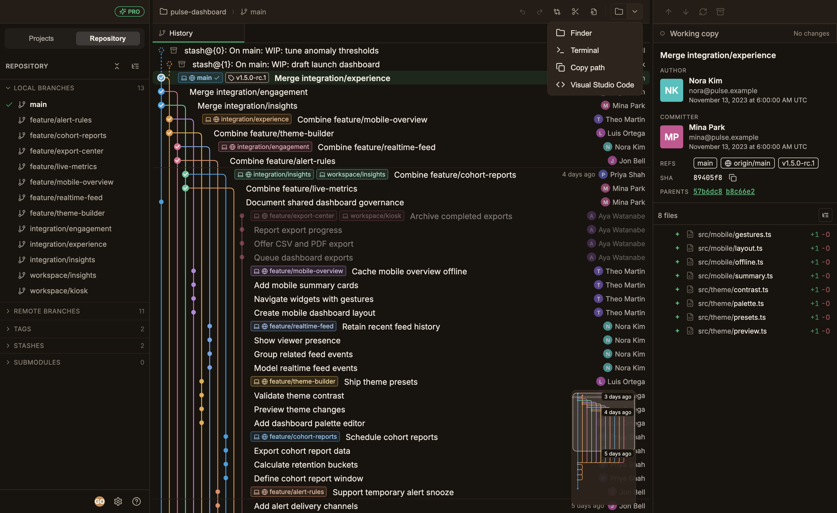 The Open in… menu open from the split button at the right end of the top bar, listing Finder, Terminal, Copy path, and a registered Visual Studio Code entry