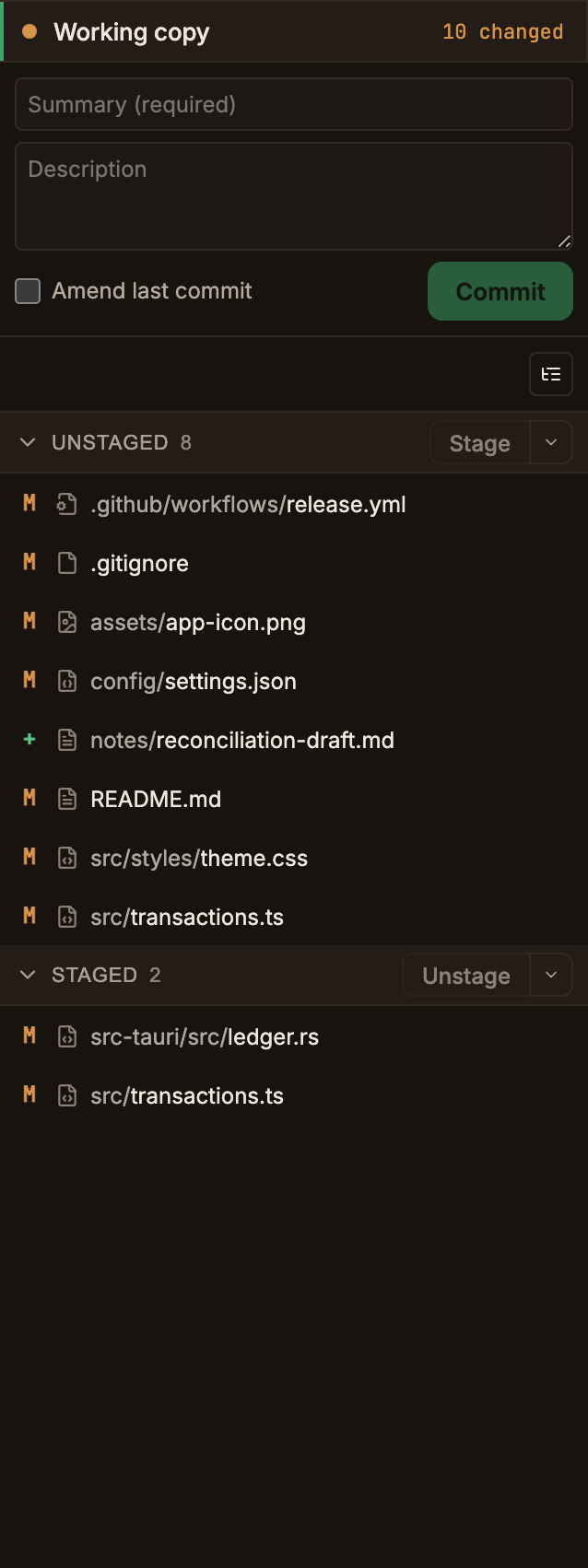 The commit form at the top of the Working copy panel, with the Summary (required) field, the Description field, the Amend last commit checkbox, and the green Commit button stacked in that order