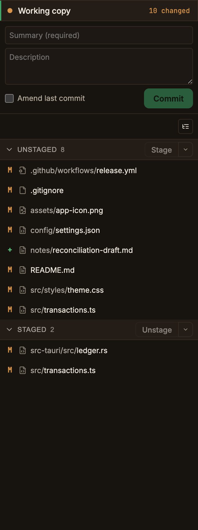 The commit form at the top of the Working copy panel, with the Summary (required) field, the Description field, the Amend last commit checkbox, and the green Commit button stacked in that order