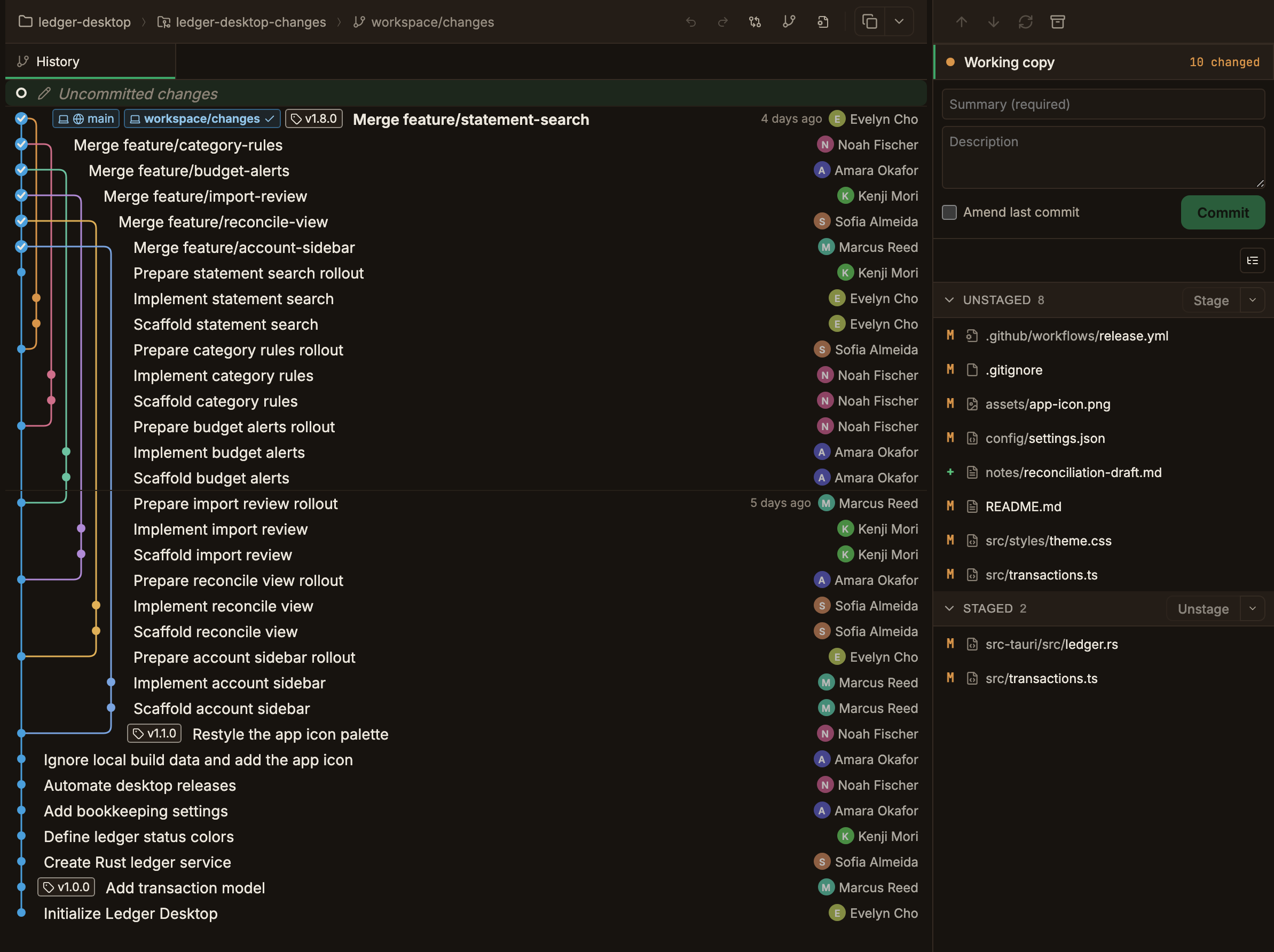 A screen with the commit graph on the left and the Working copy panel open on the right. The Working copy has an UNSTAGED section with 8 files and a STAGED section with 2, each header carrying a Stage or Unstage button with a chevron beside it, and only the new file notes/reconciliation-draft.md inside UNSTAGED is marked with a green + badge