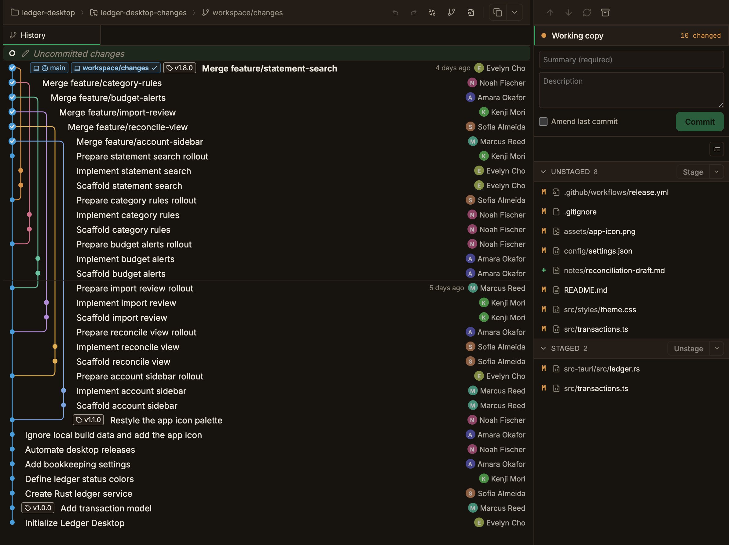 A screen with the commit graph on the left and the Working copy panel open on the right. The Working copy has an UNSTAGED section with 8 files and a STAGED section with 2, each header carrying a Stage or Unstage button with a chevron beside it, and only the new file notes/reconciliation-draft.md inside UNSTAGED is marked with a green + badge