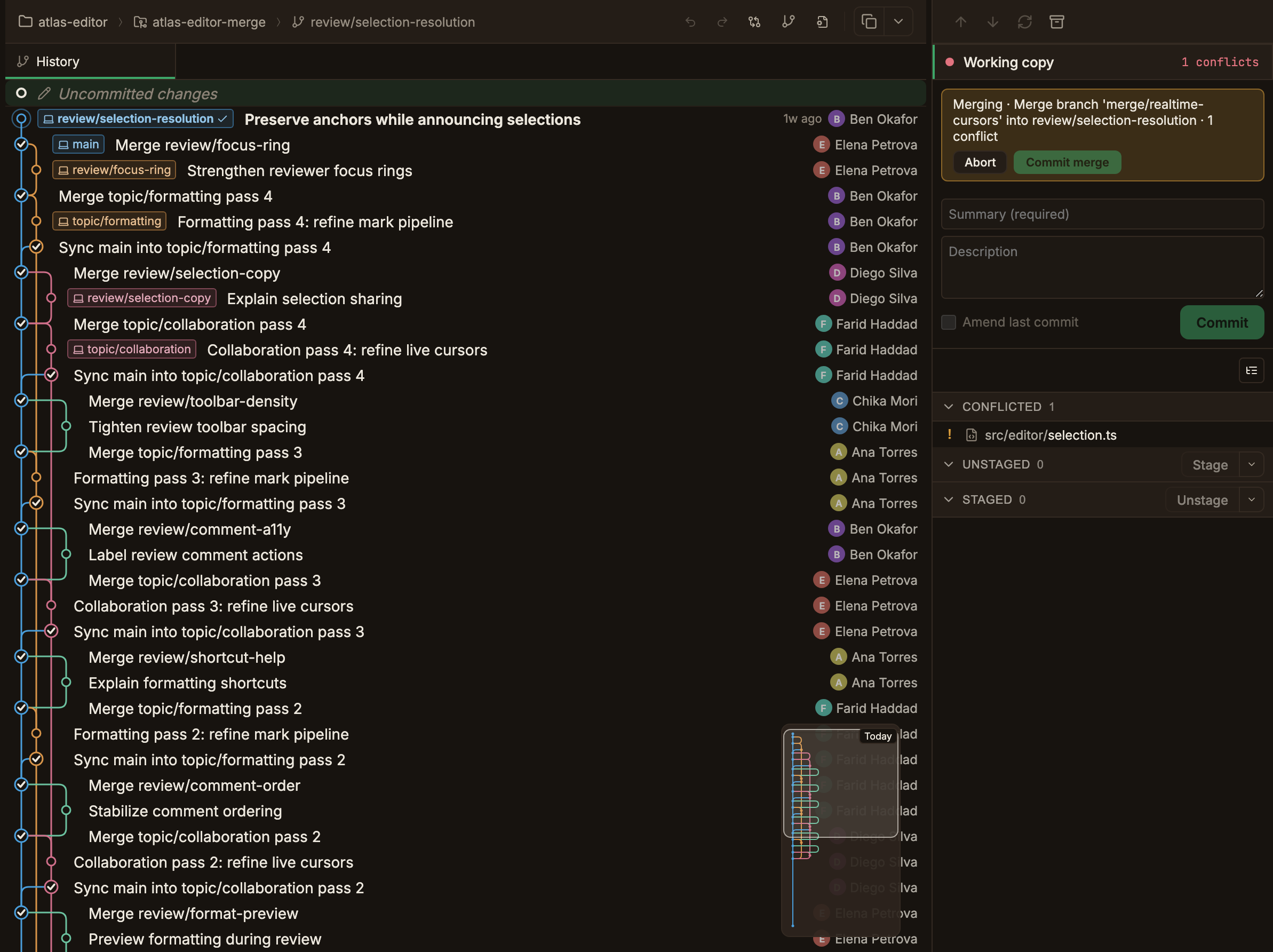 A screen with the graph on the left and the Working copy panel on the right, showing the Merging banner, the remaining conflict count, the Abort / Commit merge buttons, and the Conflicted section below them