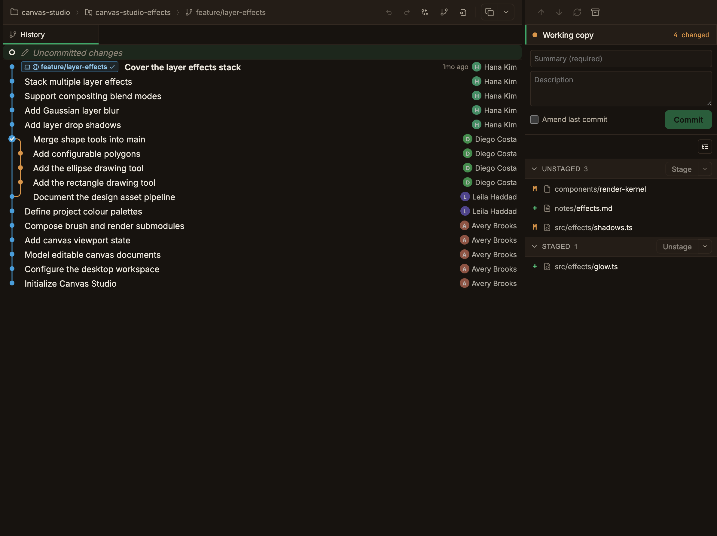 The Working copy card at the top of the right sidebar showing an amber dot and a change count, with the Working copy panel open below it listing changed files