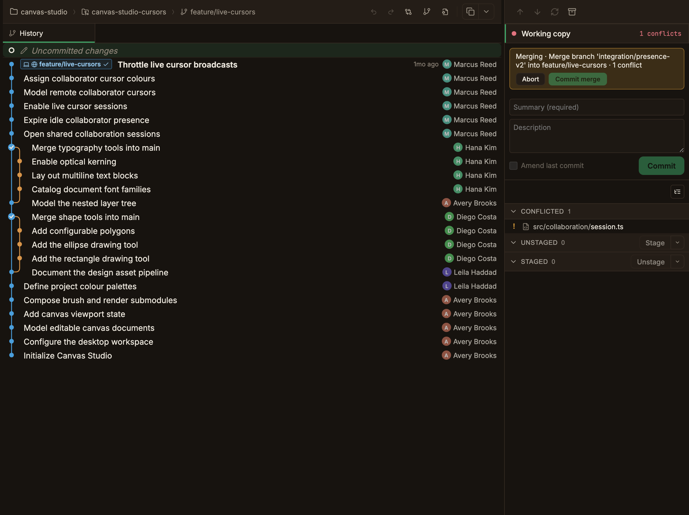 The Working copy card at the top of the right sidebar showing a red dot and a conflict count, with the Working copy panel open below it showing conflicted files