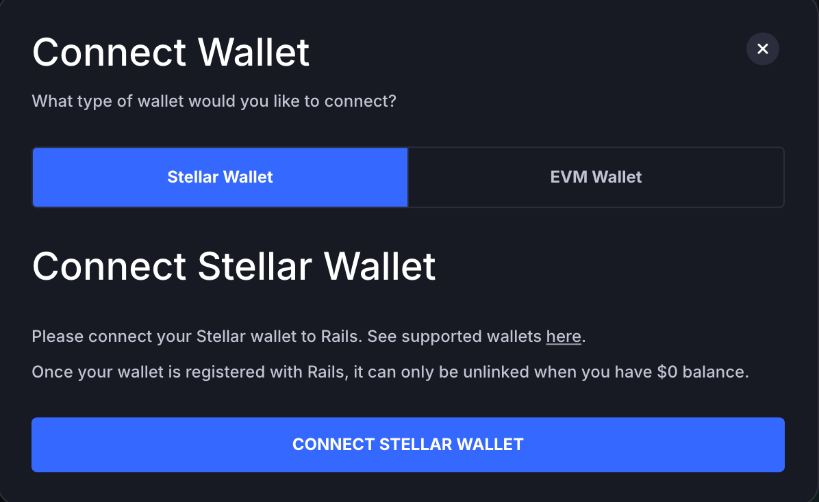 Connect Wallet modal with Stellar wallet option