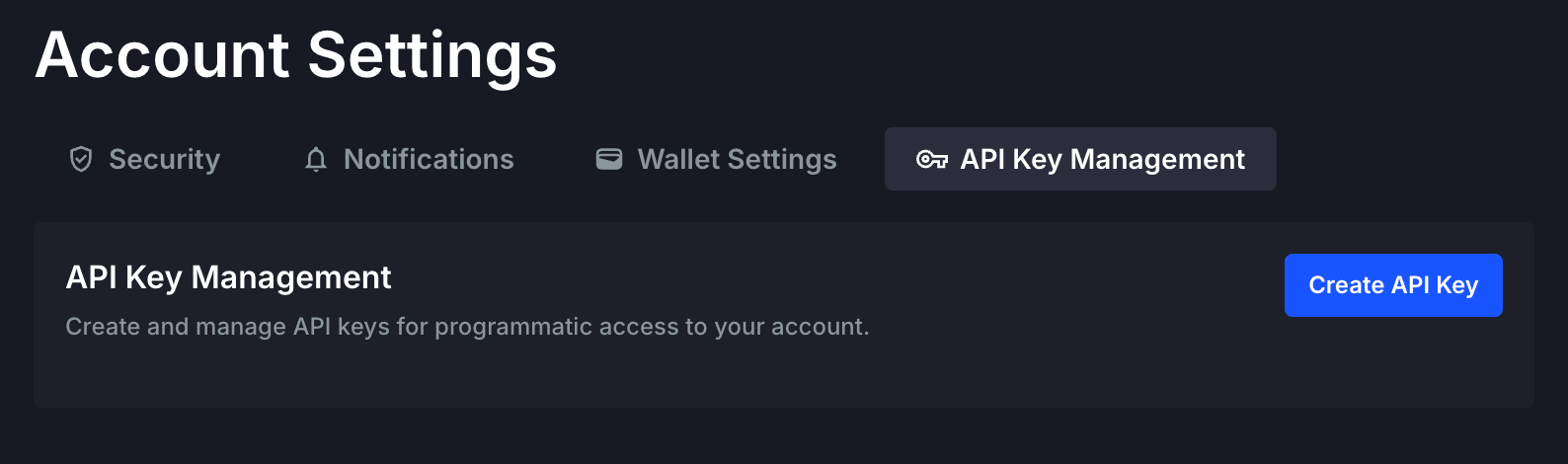 API Key Management screen showing existing keys and the Create API Key button