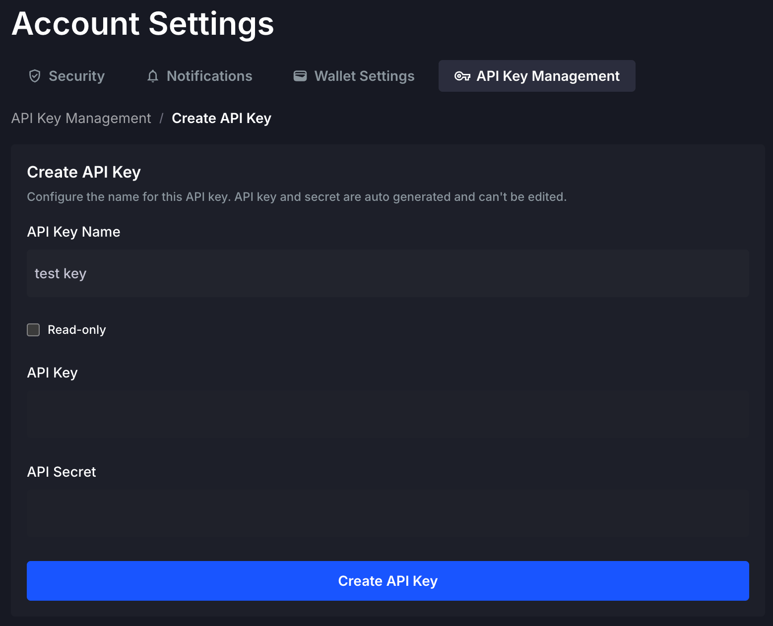 Create API Key form with API Key Name field and read-only option