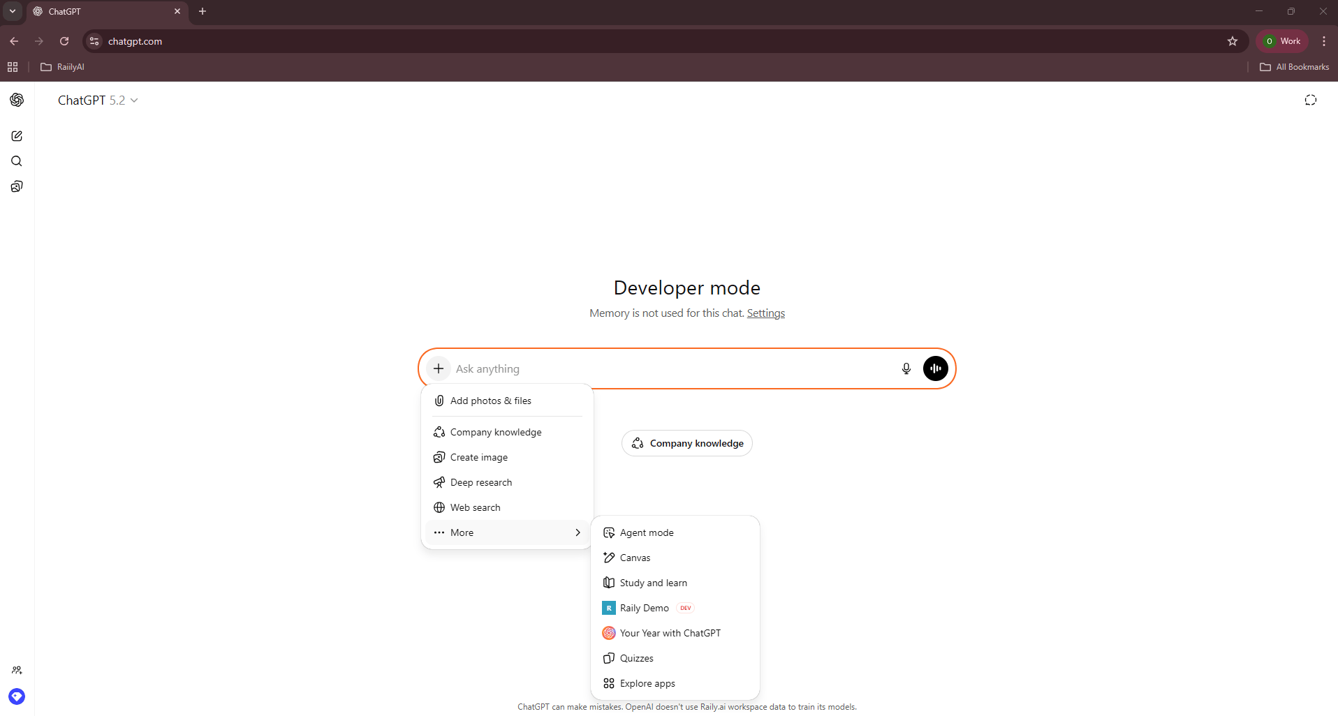 Selecting the Raily app from the chat menu