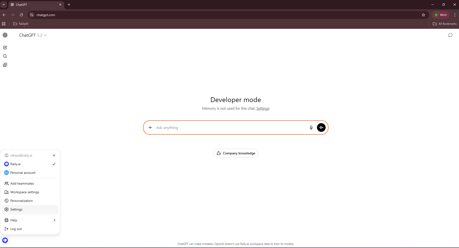 ChatGPT account menu with Settings