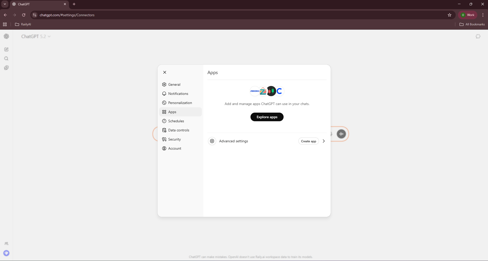 Apps section in ChatGPT settings