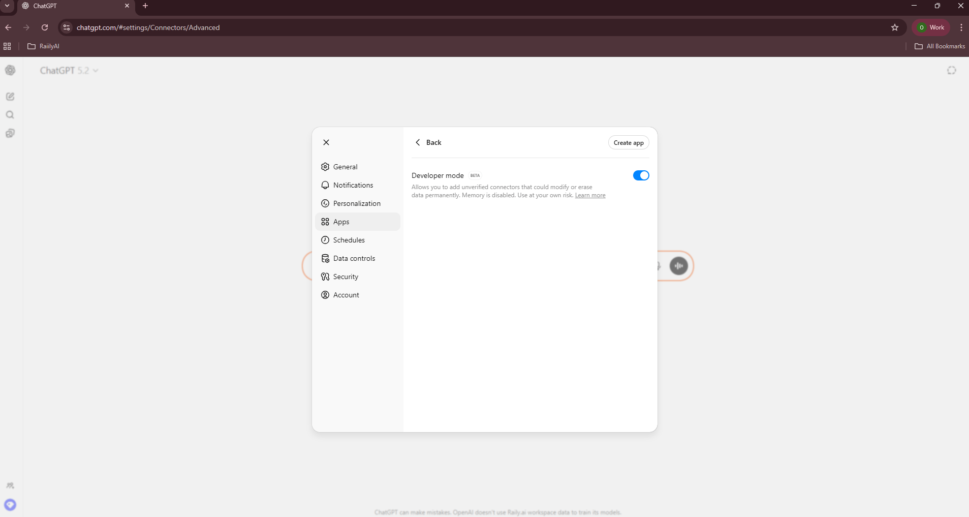 Developer mode toggle in advanced settings