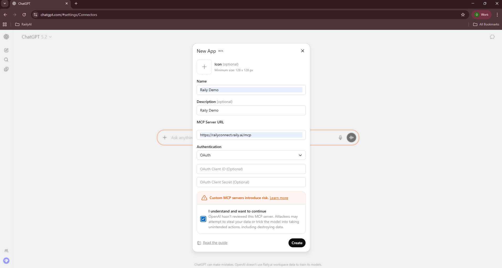 New App form with name, MCP server URL, and OAuth