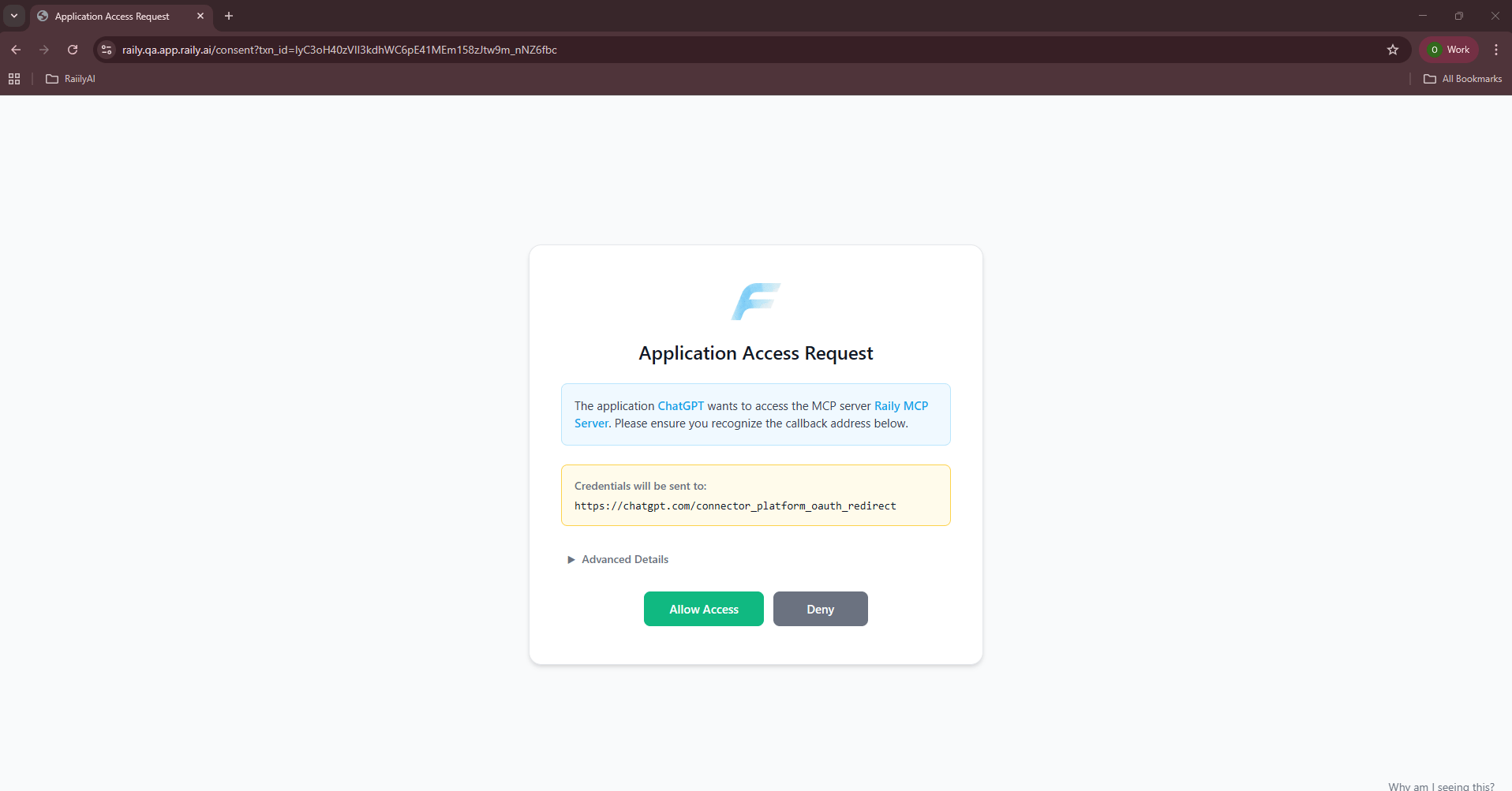 Raily application access request with Allow Access