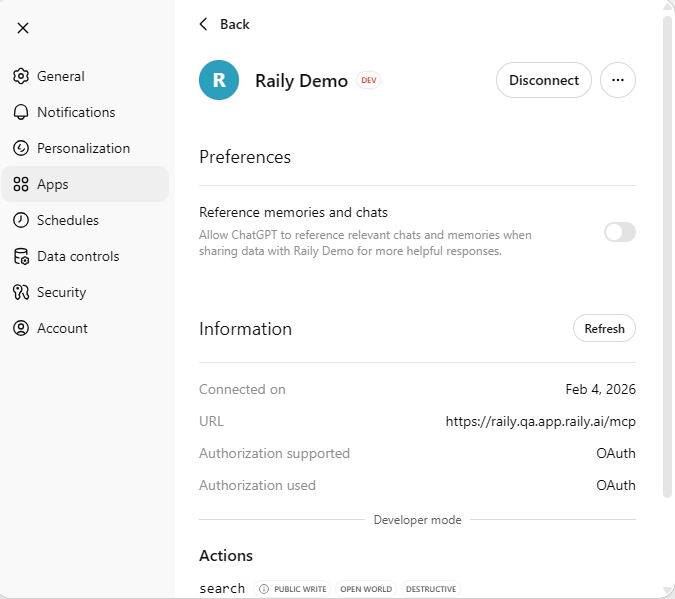Connected Raily app showing connection details and actions