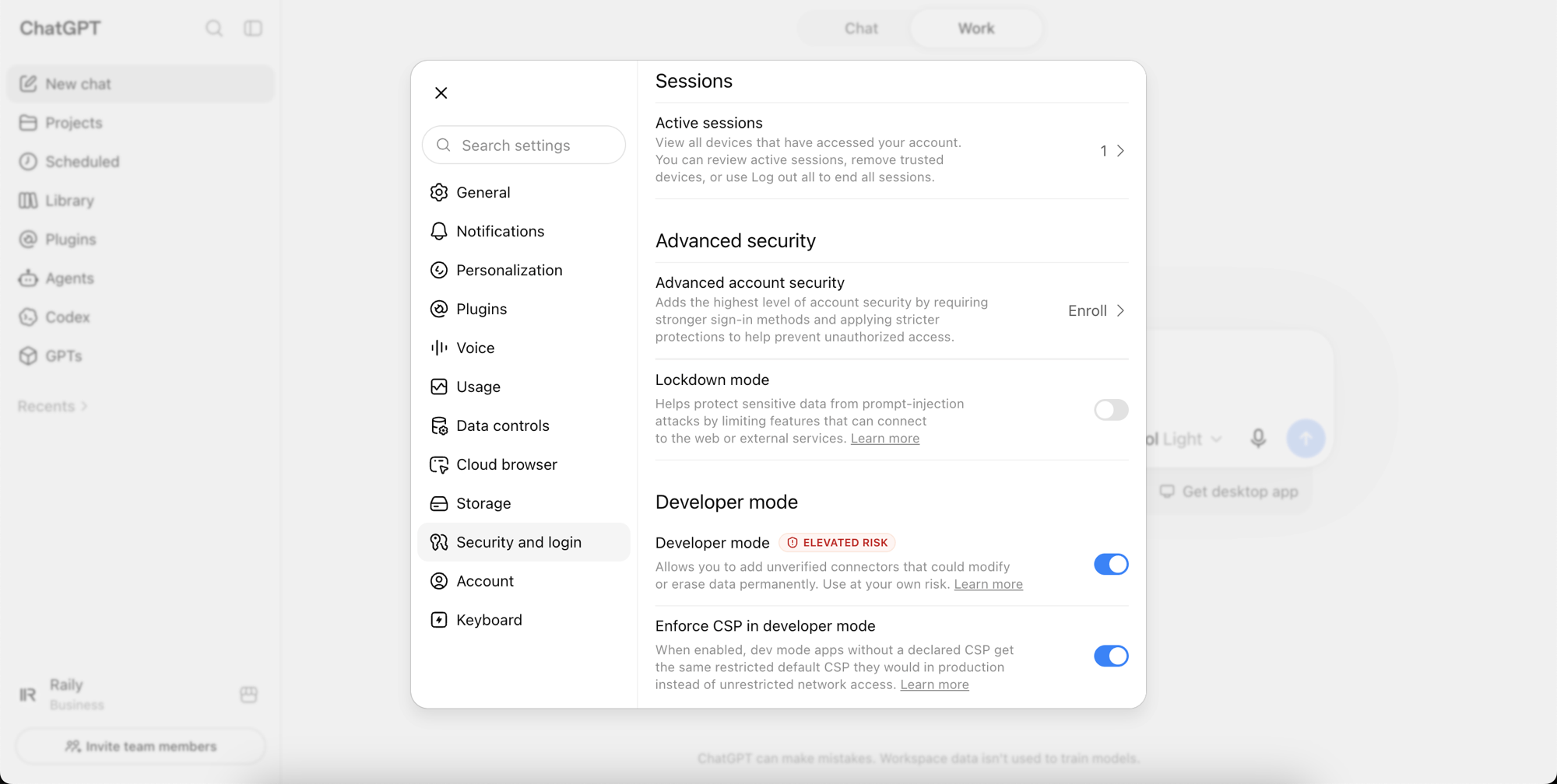 Settings, Security and login, with Developer mode and Enforce CSP in developer mode both on