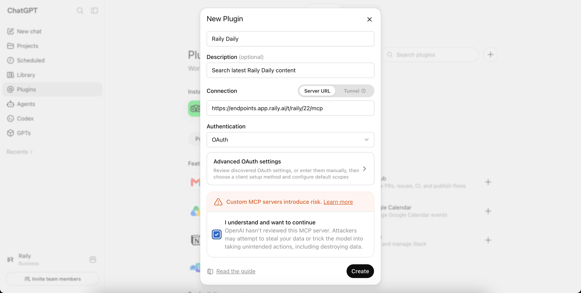 The New Plugin form with the Raily endpoint URL, OAuth authentication, risk confirmation, and Create button