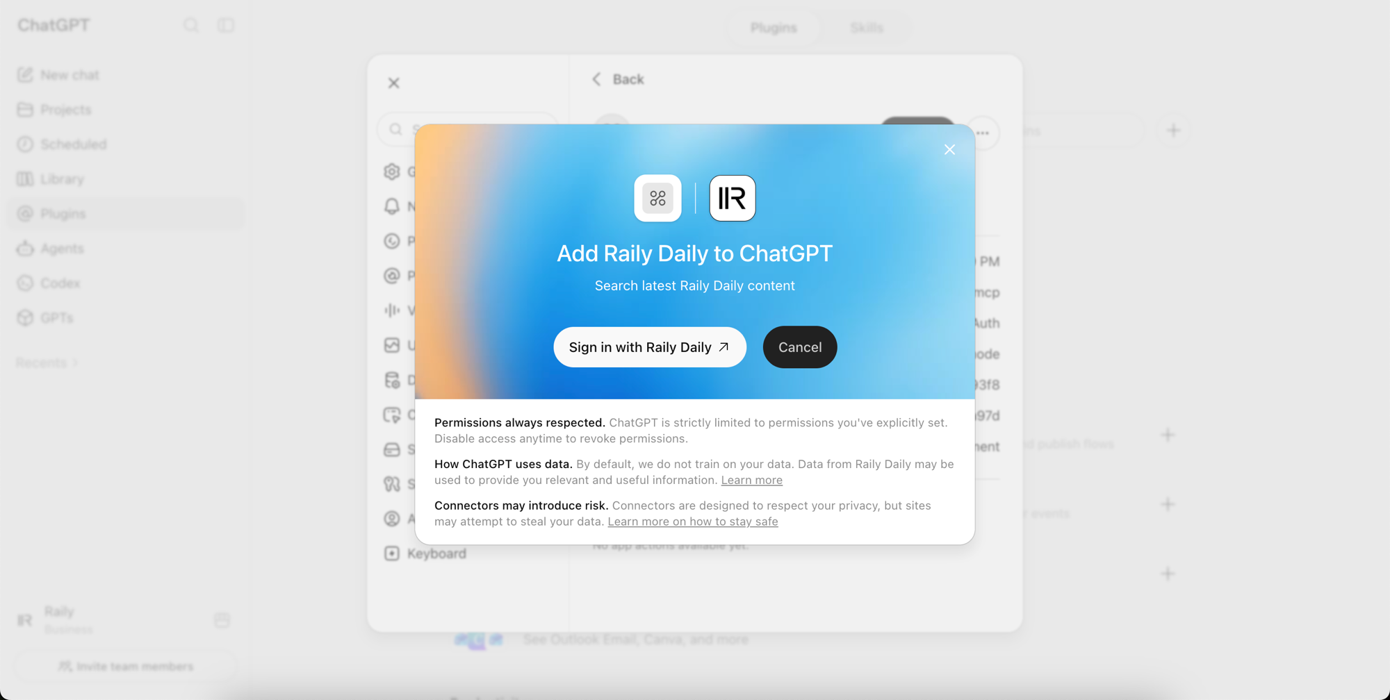 The ChatGPT sign-in prompt for a Raily plugin, with a Sign in with Raily button