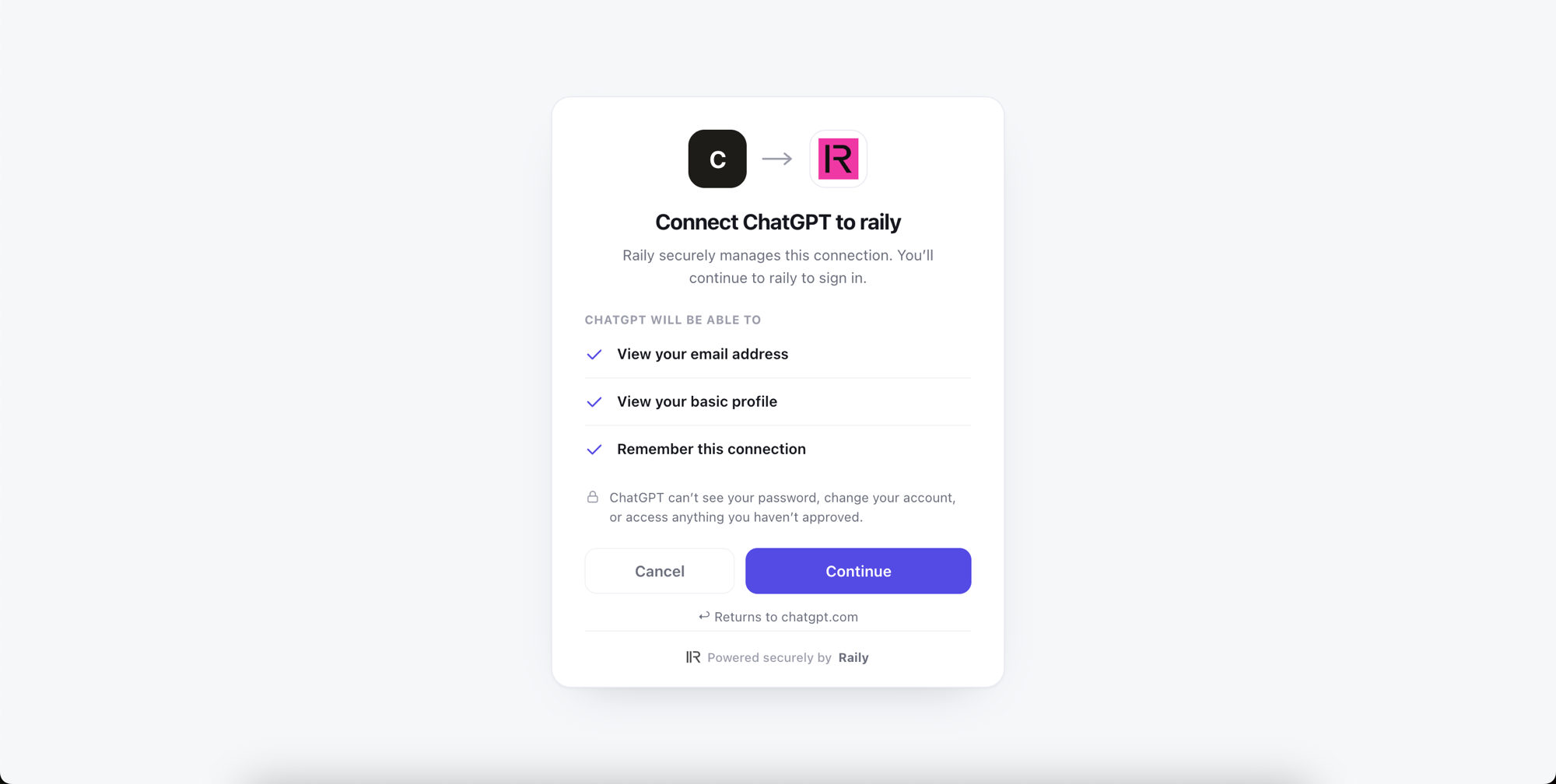The first Raily screen, asking to connect ChatGPT to an Organization, with Continue