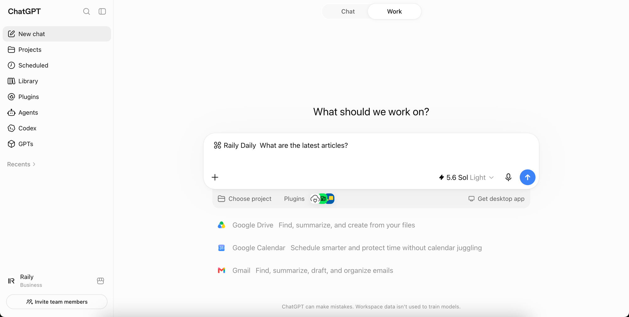 The composer with the Raily plugin selected and a question typed, before sending