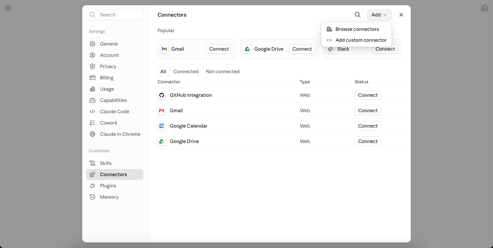 The Connectors page under Customize, with the Add menu open