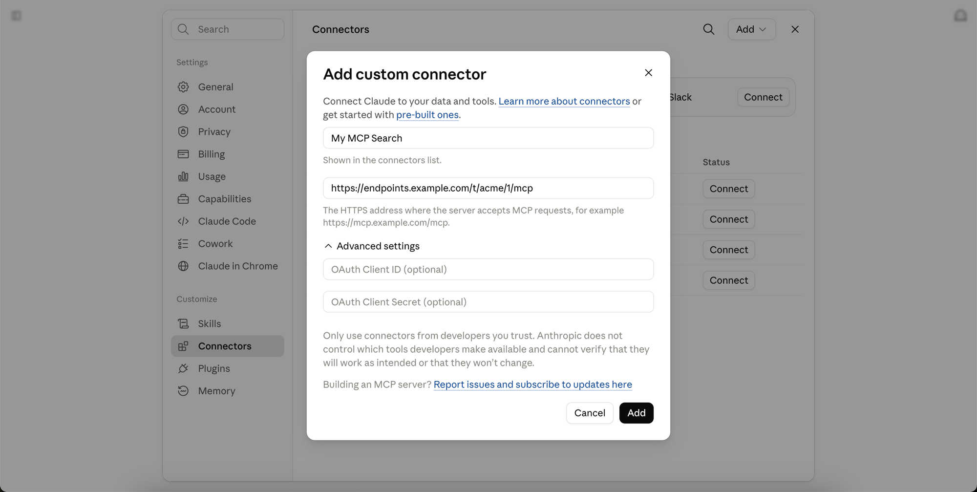 The Add custom connector form with a name and an MCP server URL