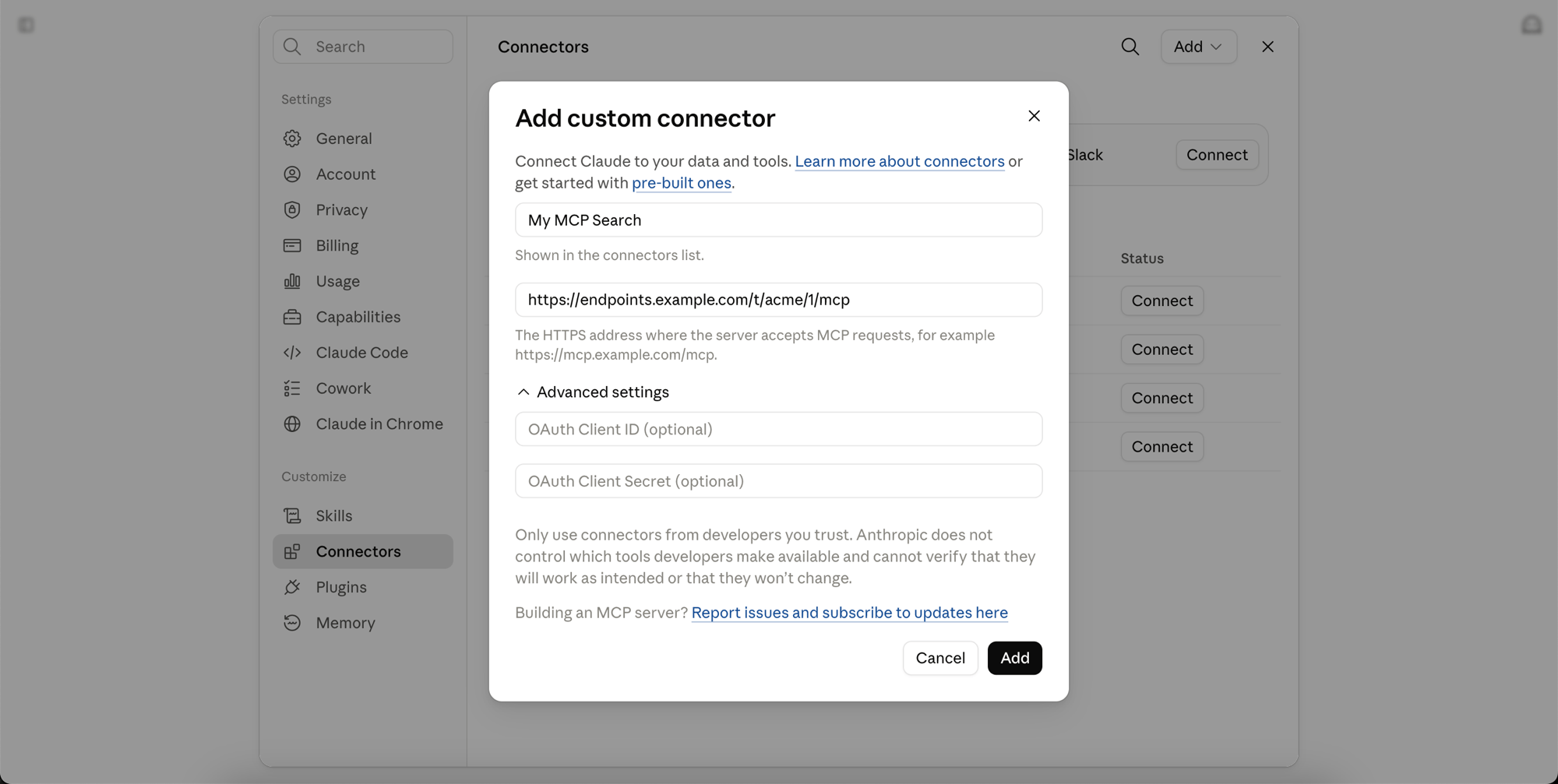 The Add custom connector form with a name and an MCP server URL