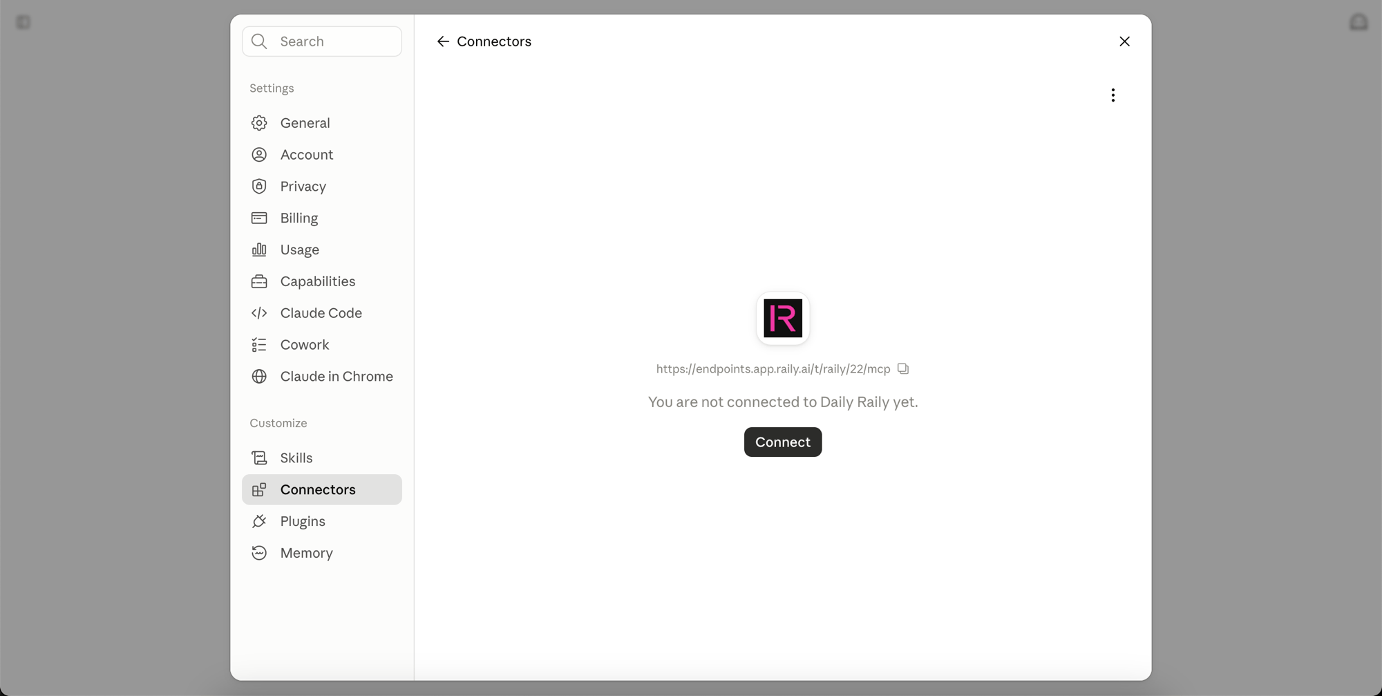 The connector page before authorizing, showing its address and a Connect button