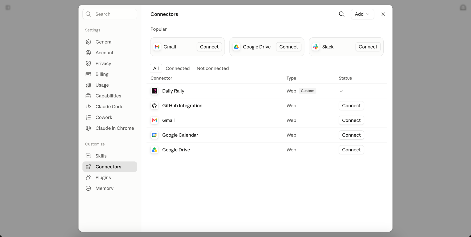 The connectors list showing the custom connector as connected