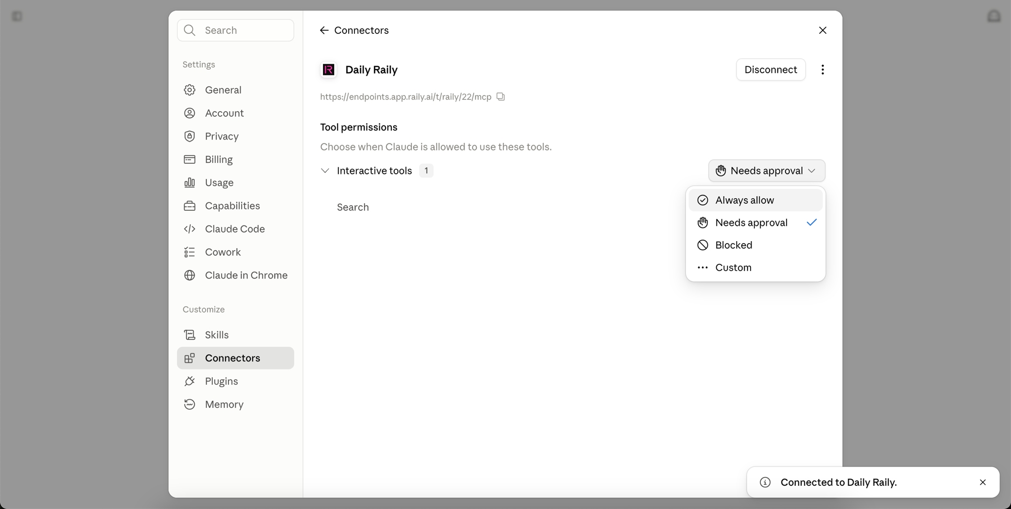 Tool permissions for a connector, with the search tool set to Needs approval and the other choices open