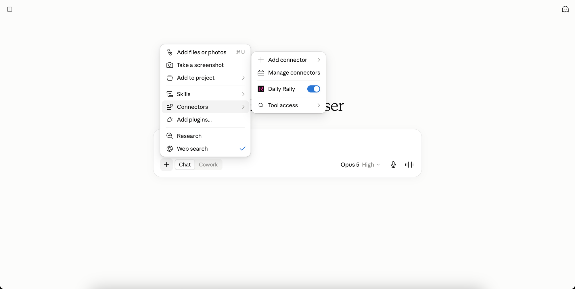 The plus menu in the composer, with Connectors open and the connector switched on
