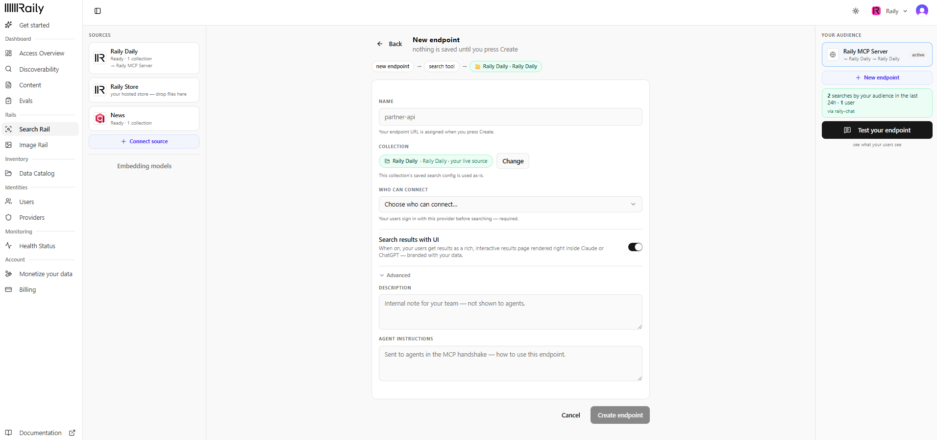 New endpoint form with name, collection, who can connect, and Search results with UI