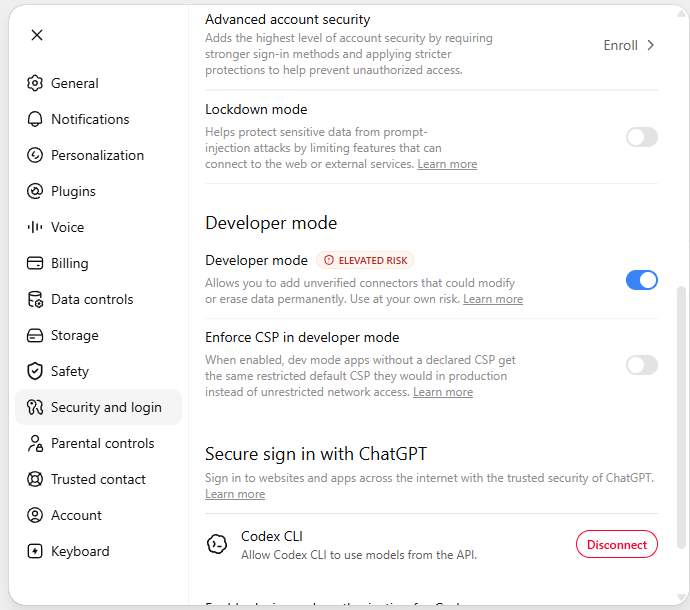 Developer mode toggle under Security and login