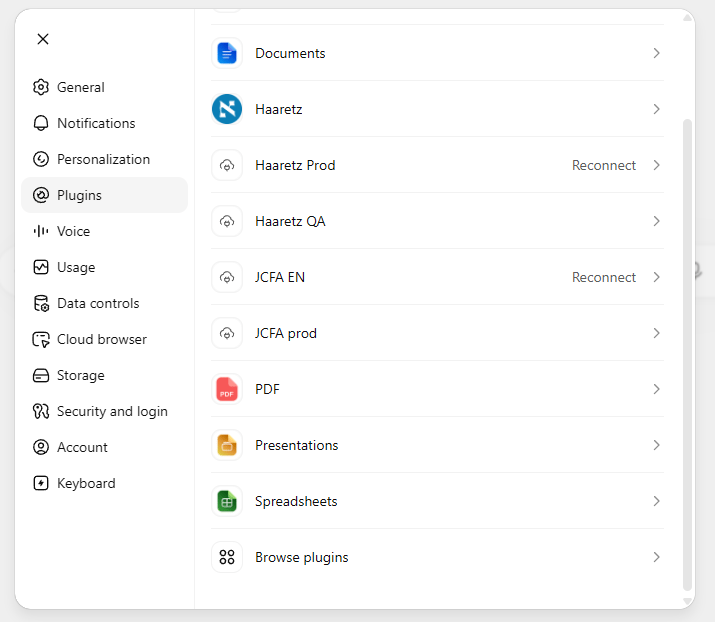 Plugins section in ChatGPT settings