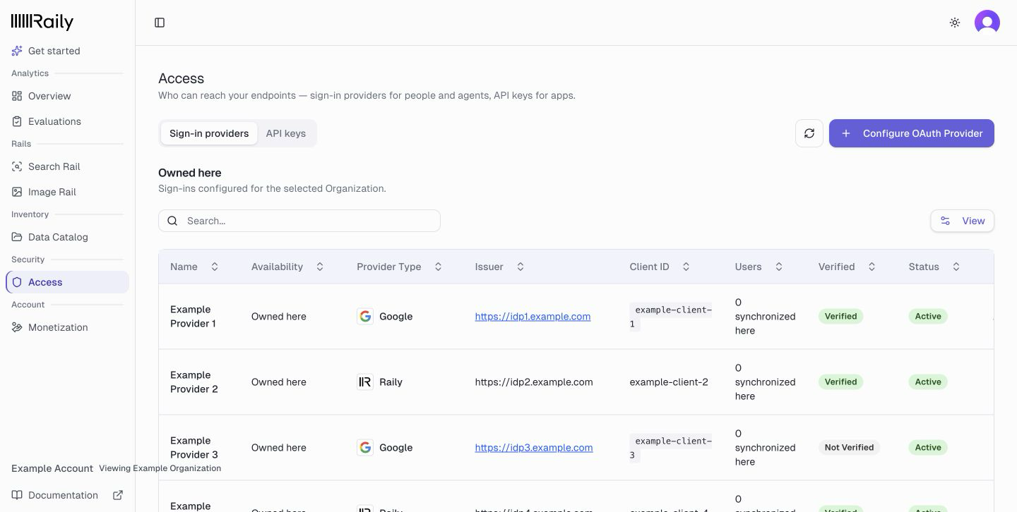 The Sign-in providers page with the Configure OAuth Provider button