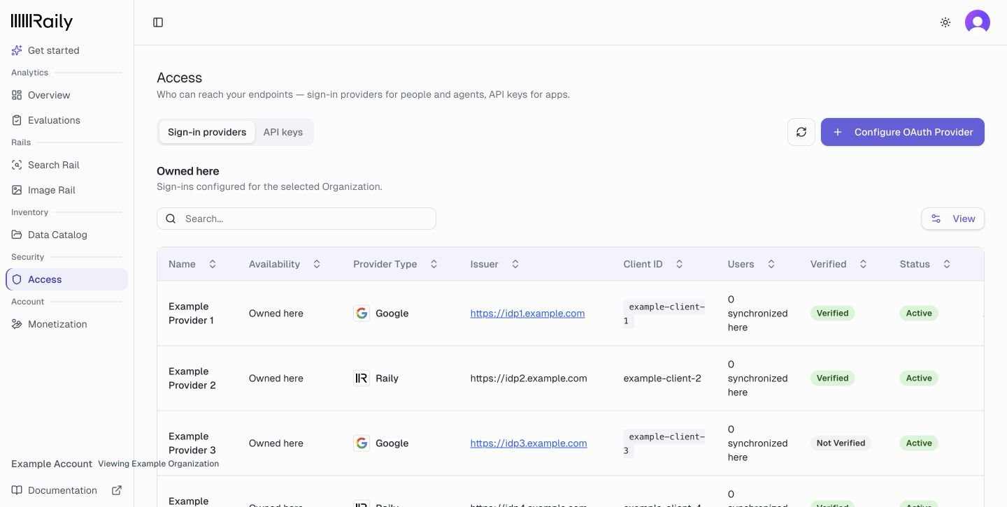 The Sign-in providers page with the Configure OAuth Provider button