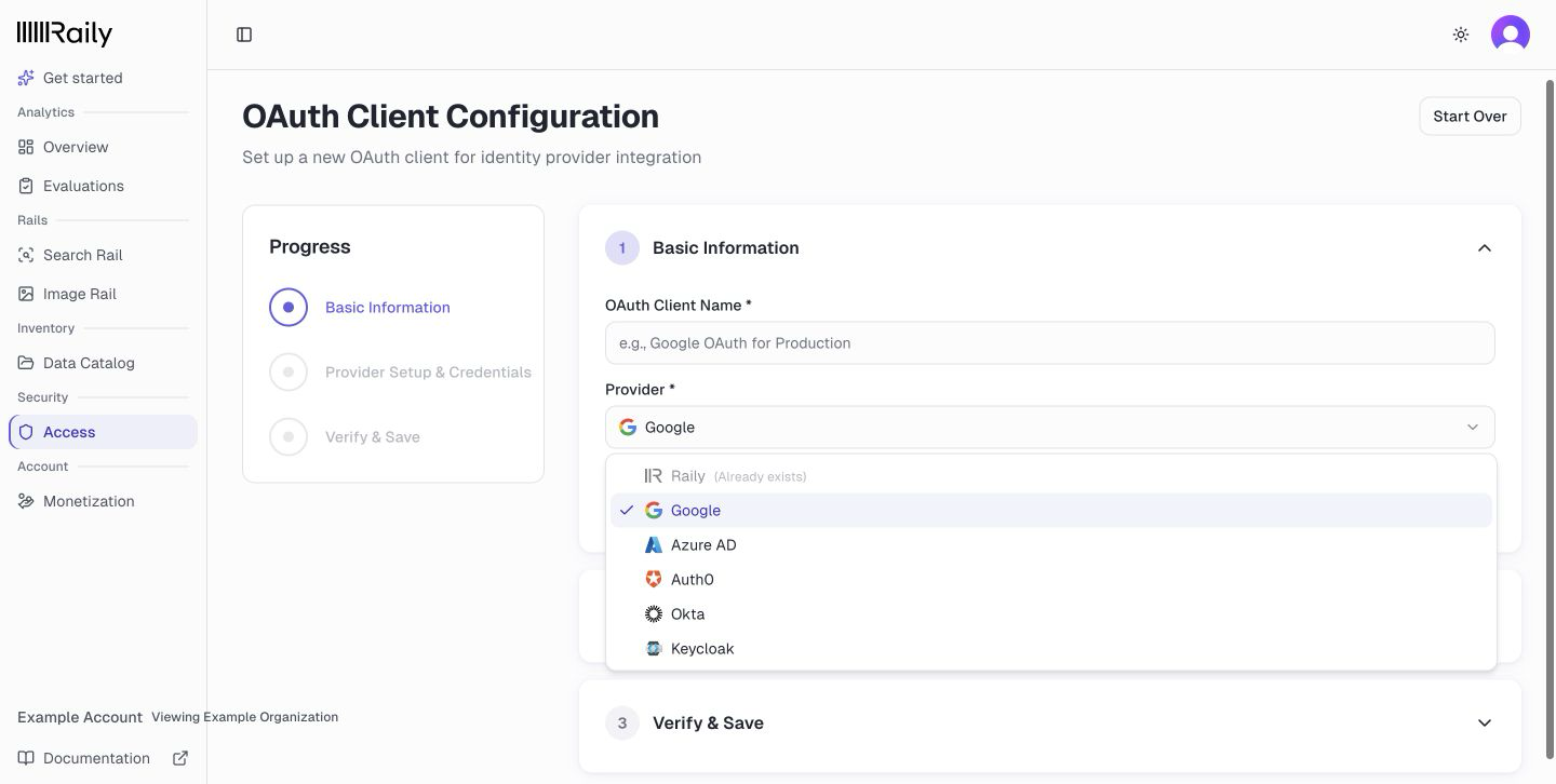 The provider picker with Raily, Google, Azure AD, Auth0, Okta, and Keycloak