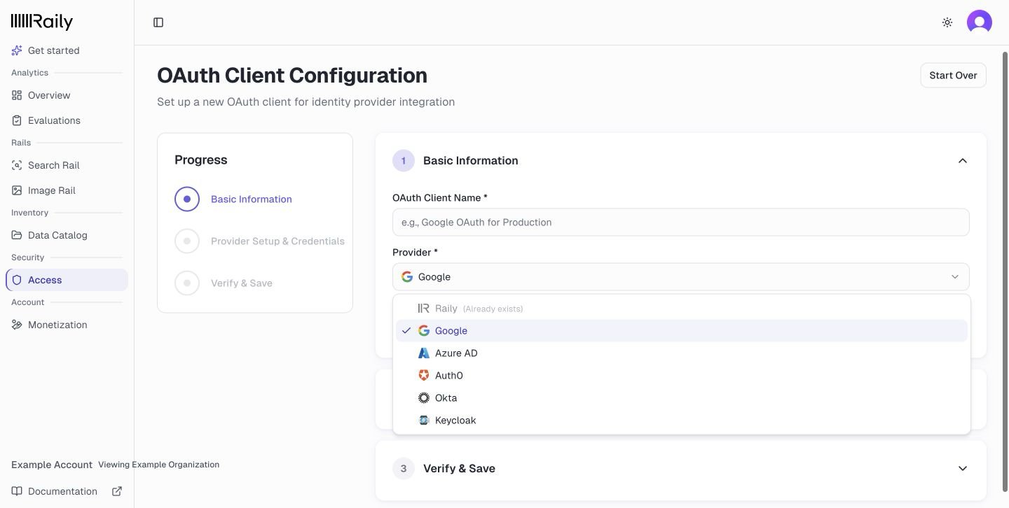 The provider picker with Raily, Google, Azure AD, Auth0, Okta, and Keycloak