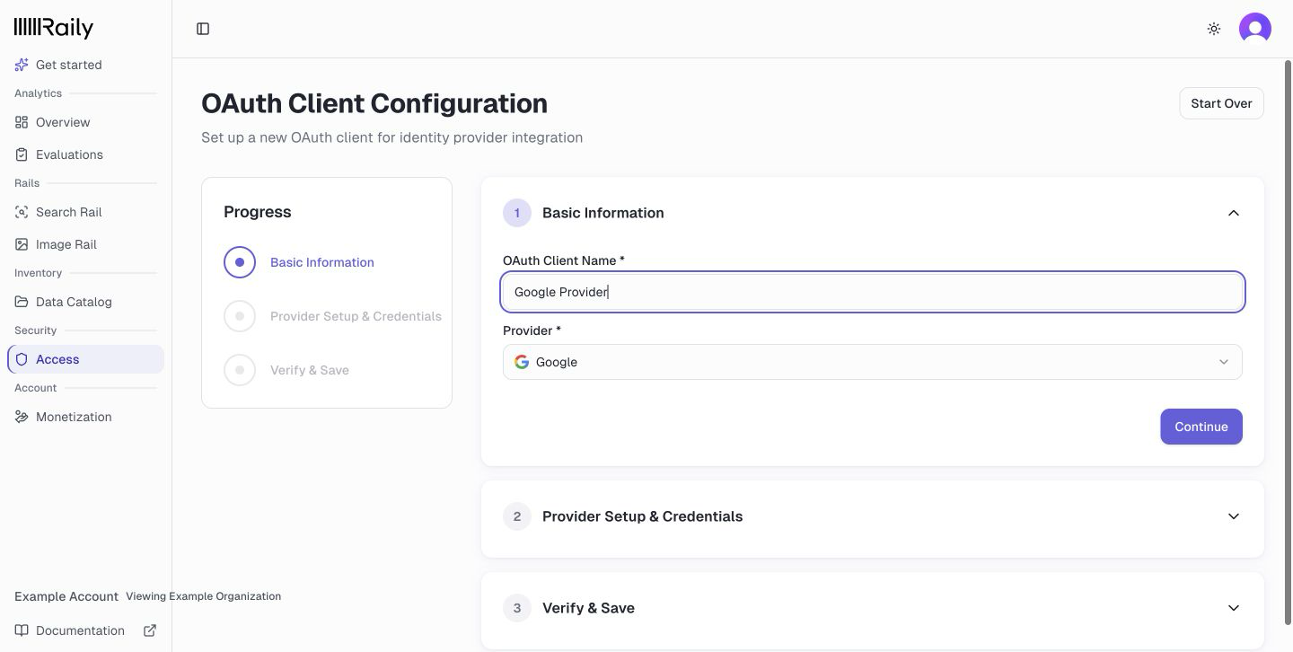 Basic Information with Google selected, an OAuth client name, and the Continue button