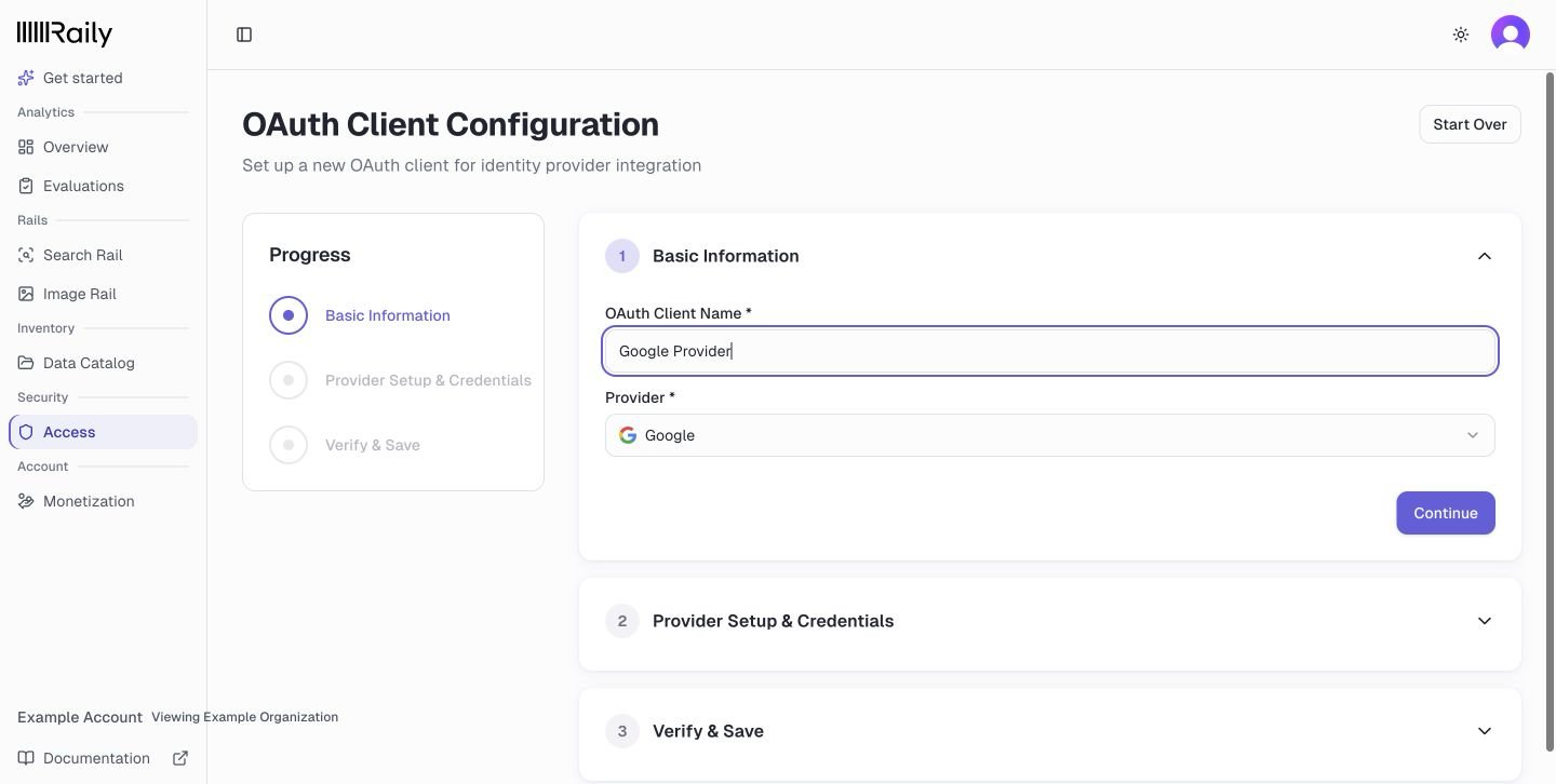 Basic Information with Google selected, an OAuth client name, and the Continue button
