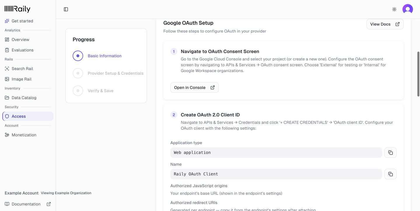 Google OAuth setup instructions with the consent screen and OAuth client application settings